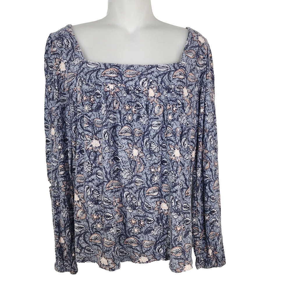 Lucky Brand Top Womens Medium Blue Floral Square Neck Pullover Long Sleeve Boho